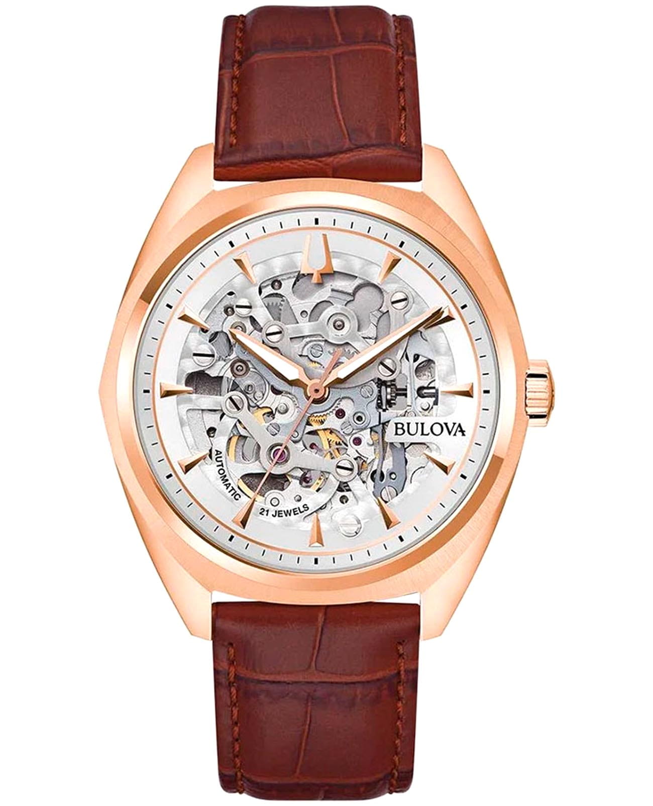 Bulova Bulova Surveyor 97A175  97A175 механические мужские часы серебристый циферблат, браслет кожаный — вид спереди