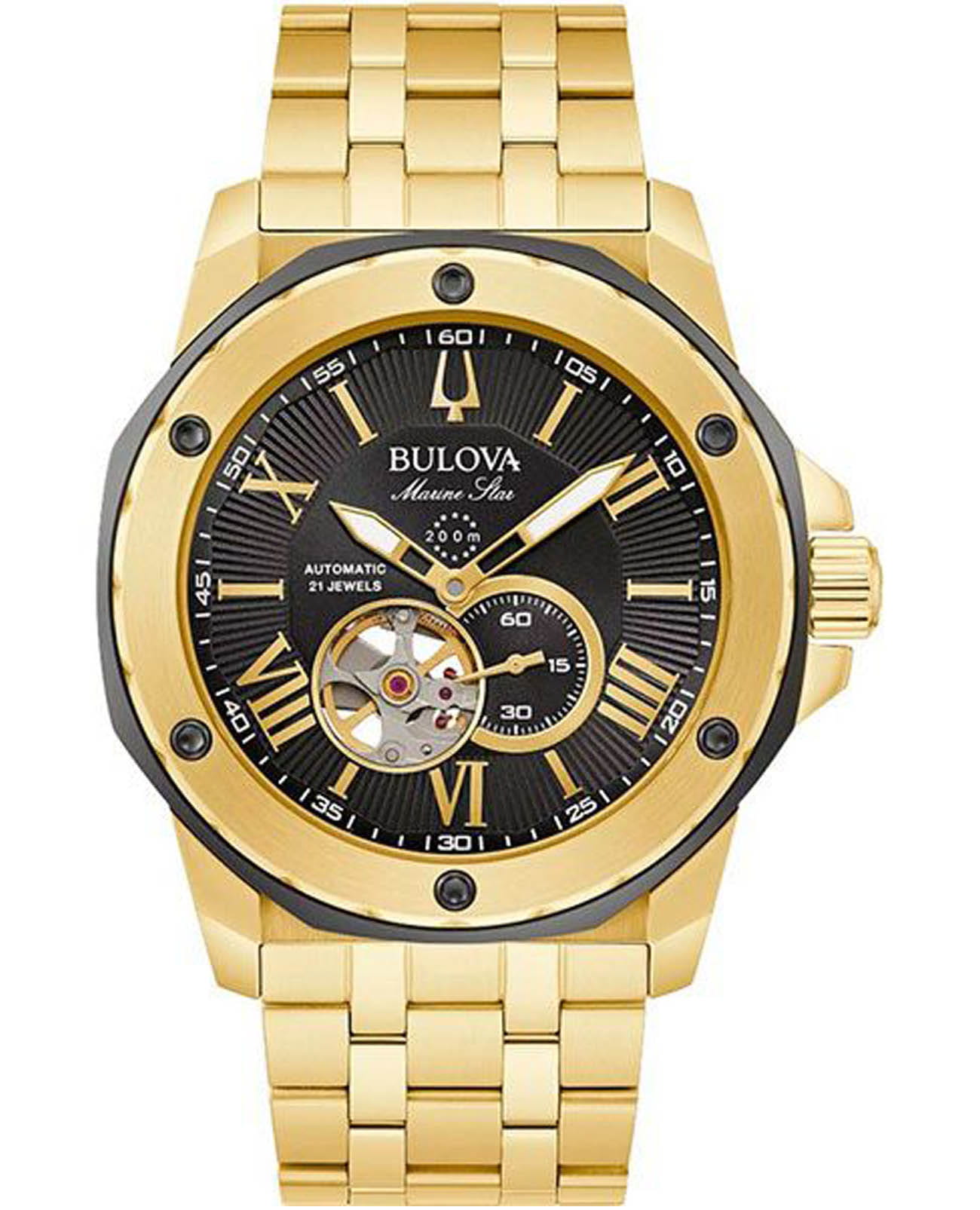 Bulova Bulova Marine Star 98A273  98A273 механические мужские часы черный циферблат, браслет нержавеющая сталь с ip-покрытием — вид спереди