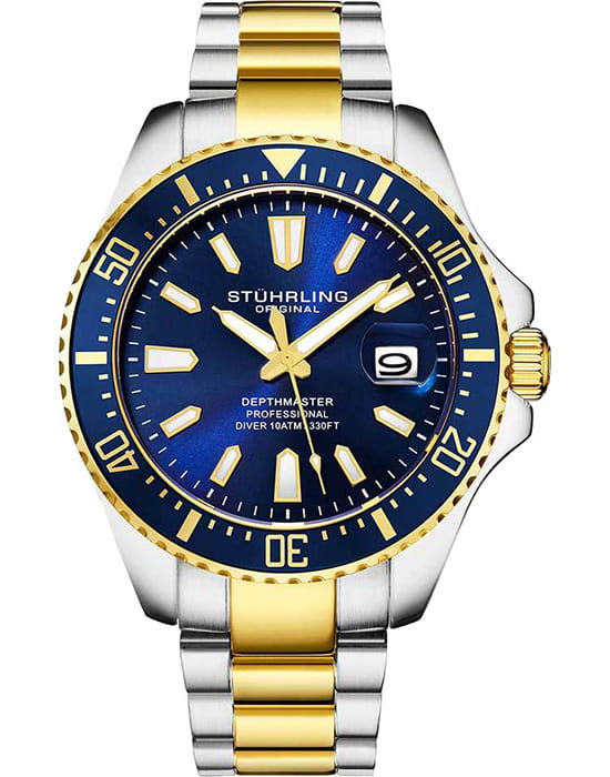 Stuhrling Stuhrling Aquadiver 3950A.5  3950A.5 кварцевые мужские часы синий циферблат, браслет нержавеющая сталь с pvd-покрытием — вид спереди