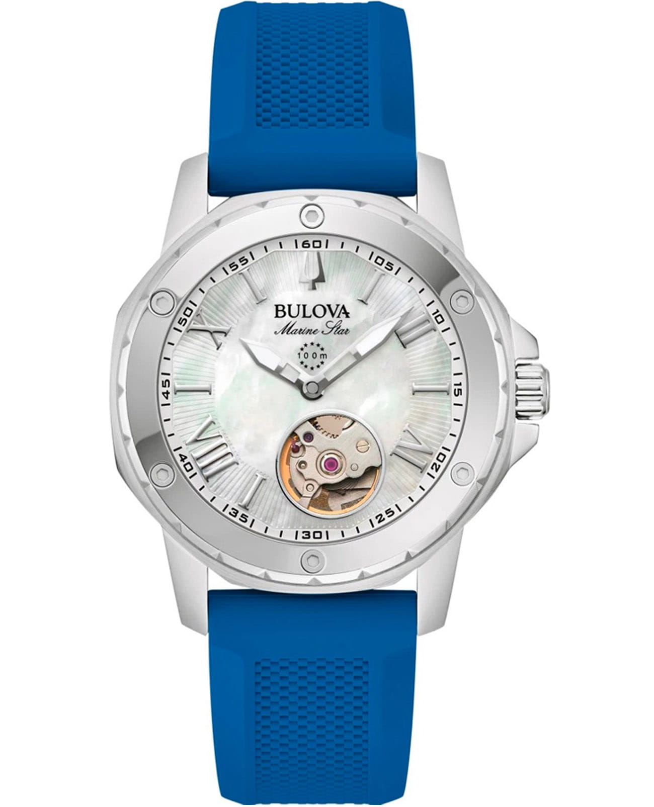 Bulova Bulova Marine Star Ladies 96L324  96L324 механические женские часы перламутровый циферблат, браслет силикон — вид спереди