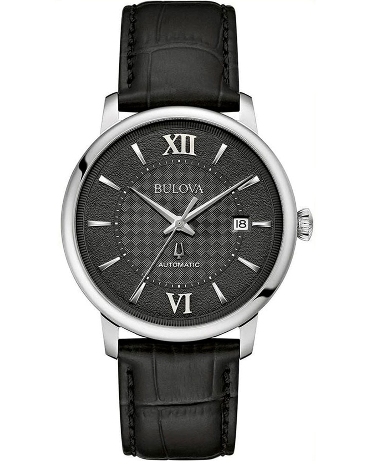Bulova Bulova Hudson 96B441  96B441 механические мужские часы черный циферблат, браслет кожаный — вид спереди