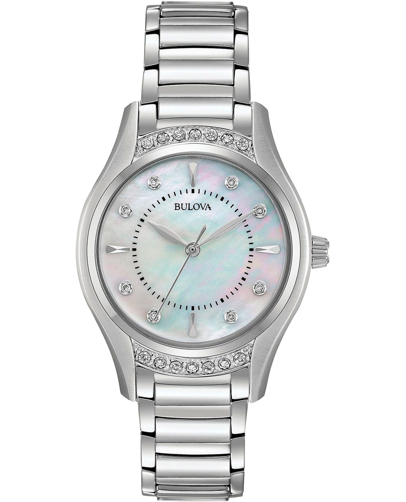 Bulova Bulova Diamonds 96R216  96R216 кварцевые женские часы перламутровый циферблат, браслет нержавеющая сталь — вид спереди
